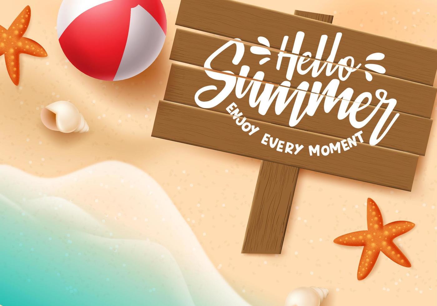 Hello summer vector banner. Hello summer typography in wood space for text with beach elements like beach ball, starfish and sea shells in beach seaside background. Vector illustration.