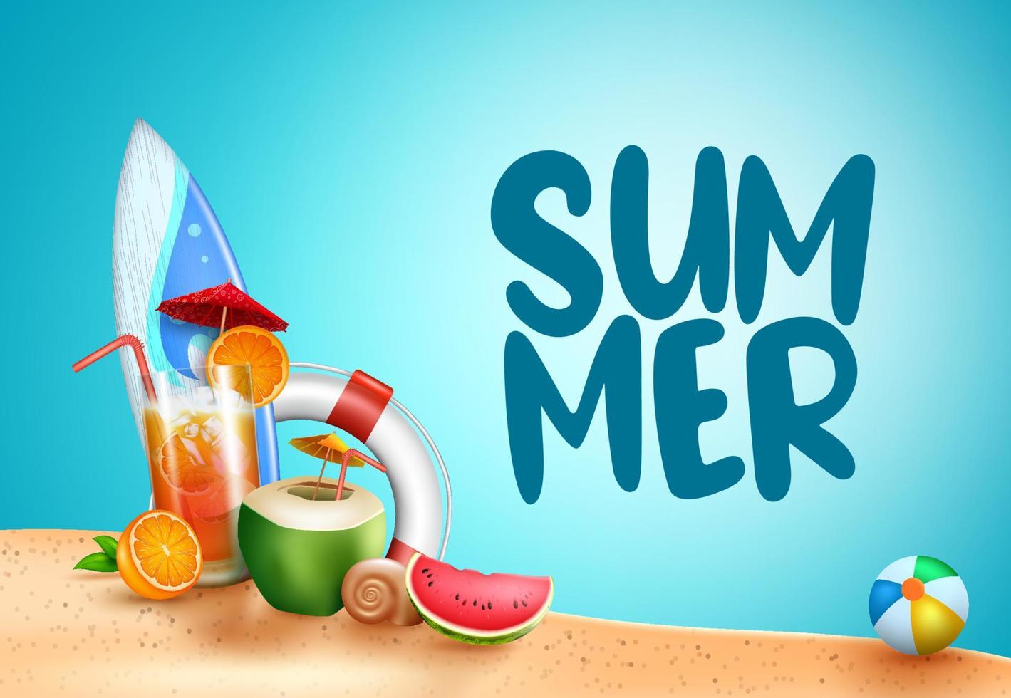 Summer vector banner background. Summer text with fruits and beverage elements like orange, coconut juice and watermelon in beach sand for tropical holiday season. Vector illustration