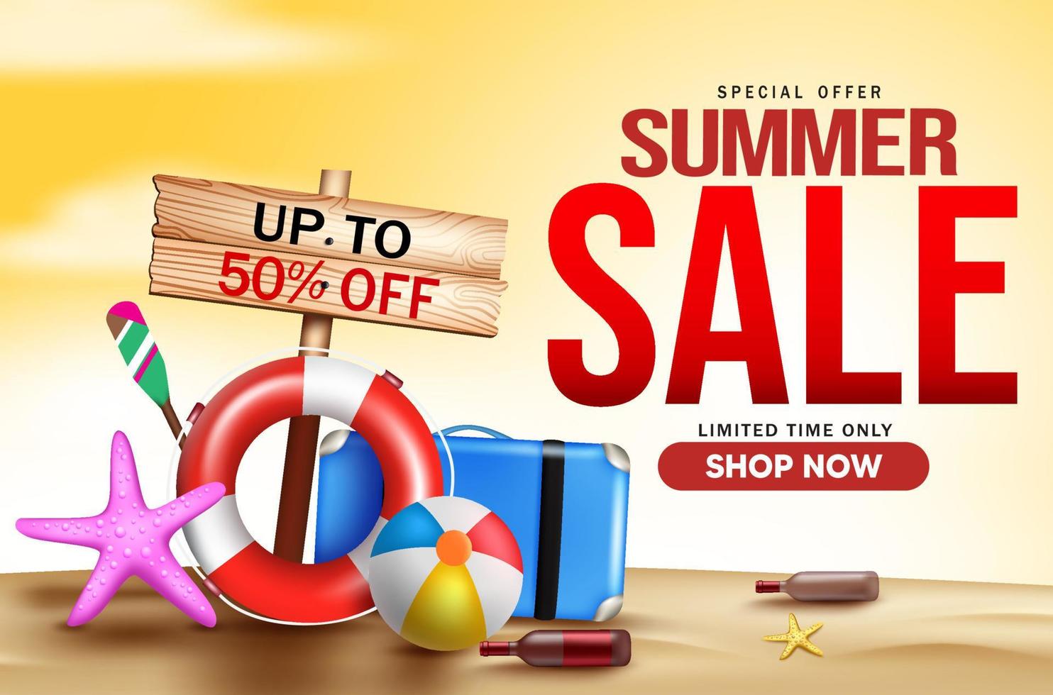 Summer sale vector banner design. Summer sale text for tropical season shopping promo advertisement with beach elements in sand background. Vector illustration