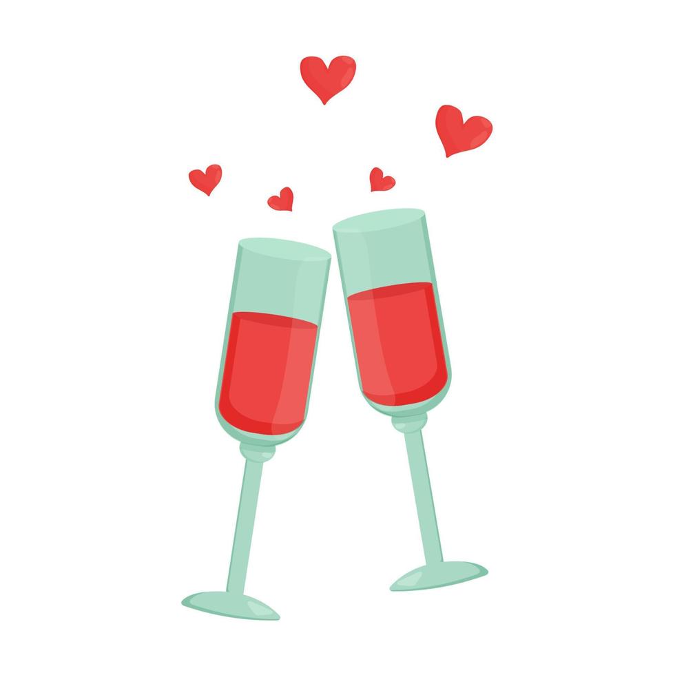 Two wine glasses and hearts, romantic symbol icon isolated on white background. Valentine Day celebration, dating or anniversary. Design element or clipart in flat style. Vector illustration