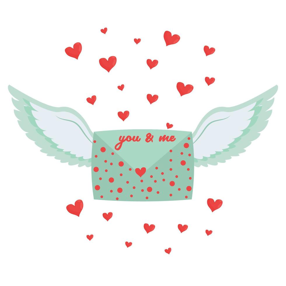 Cute romantic love letter with wings and hearts isolated on white background. Text you and me. Decoration, design element, clipart for Valentine day celebration, vector