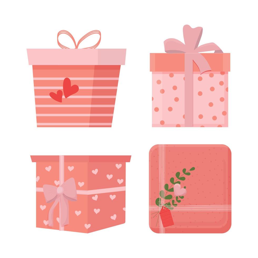 conjunto de diferentes regalos románticos, cajas con regalos con arco, decoración y adornos aislados en fondo blanco. celebración del día de san valentín, boda o elemento de diseño. ilustración vectorial vector