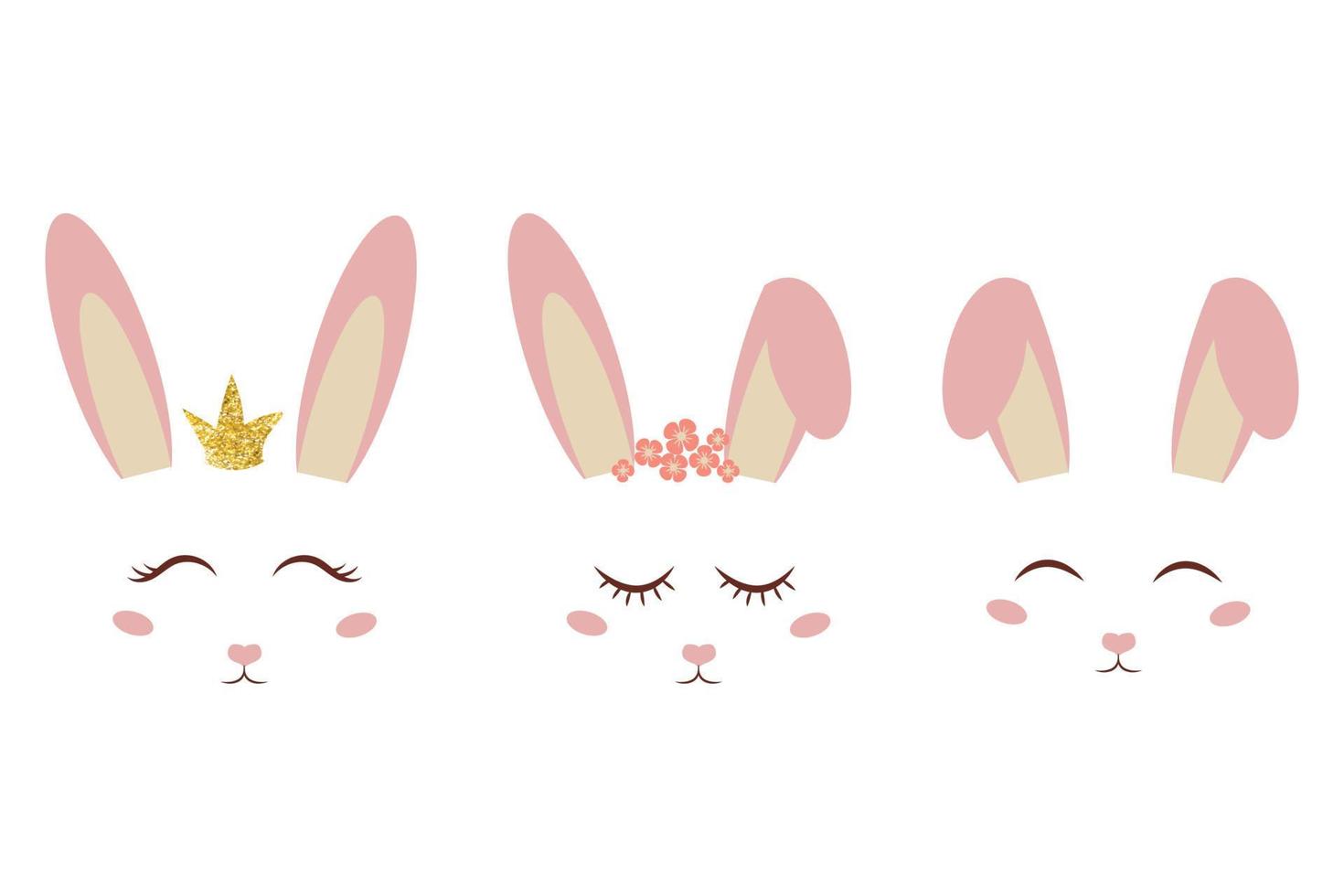 Set of cute pink bunny ears and faces, sleeping, smiling with decorations isolated on white background. Poster, print, fashion design element. Spring girlie design. Vector illustration