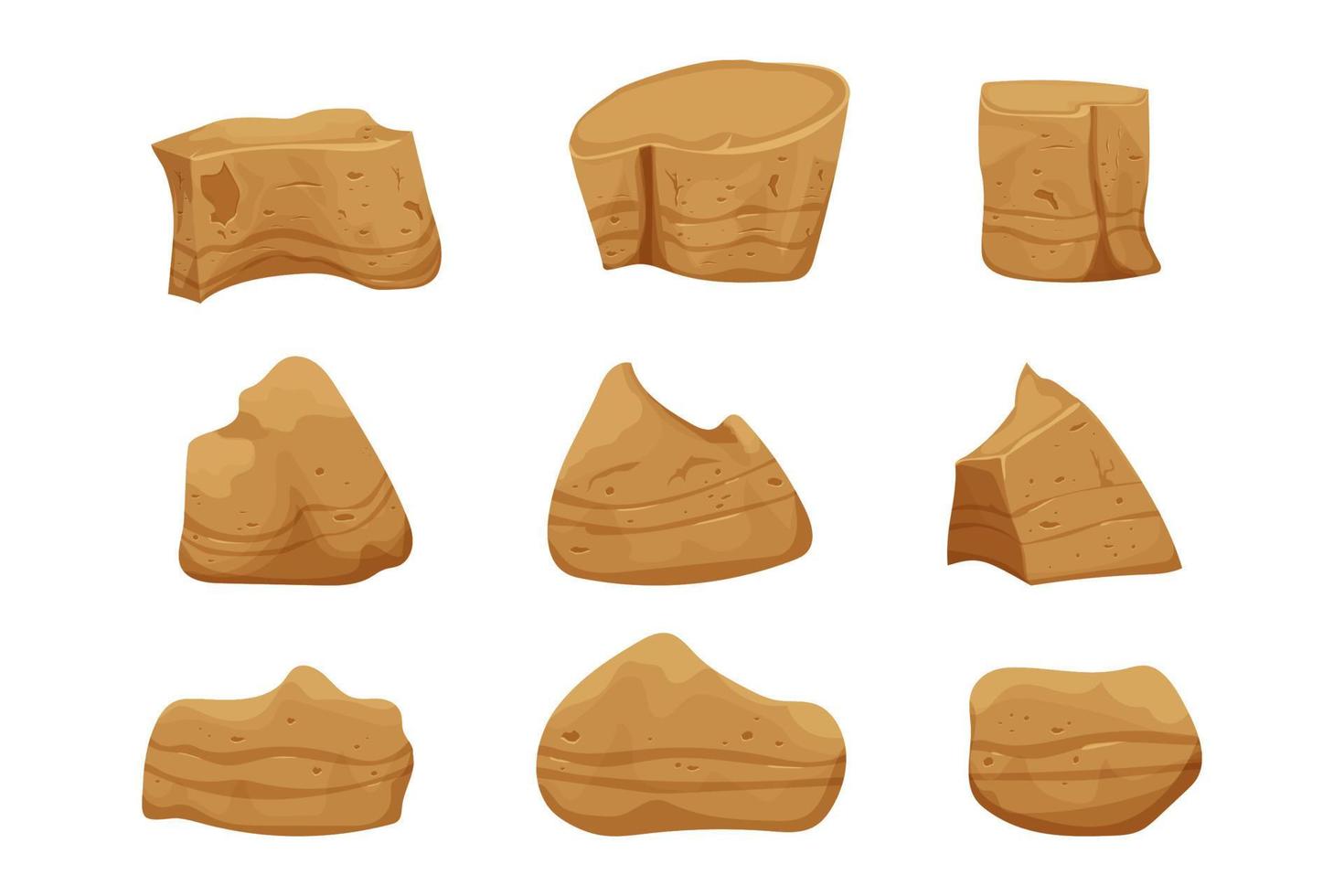 Stone boulders set isolated on white background, detailed drawing in cartoon style with cracked elements for design and ui games. Collection massive constructions. . Vector illustration