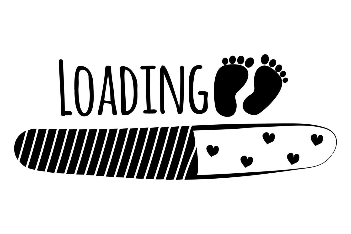 Loading with baby footprint and hearts, cute greeting with coming soon newborn for pregnant mother. Monochrome print, poster isolated on white background. Vector illustration