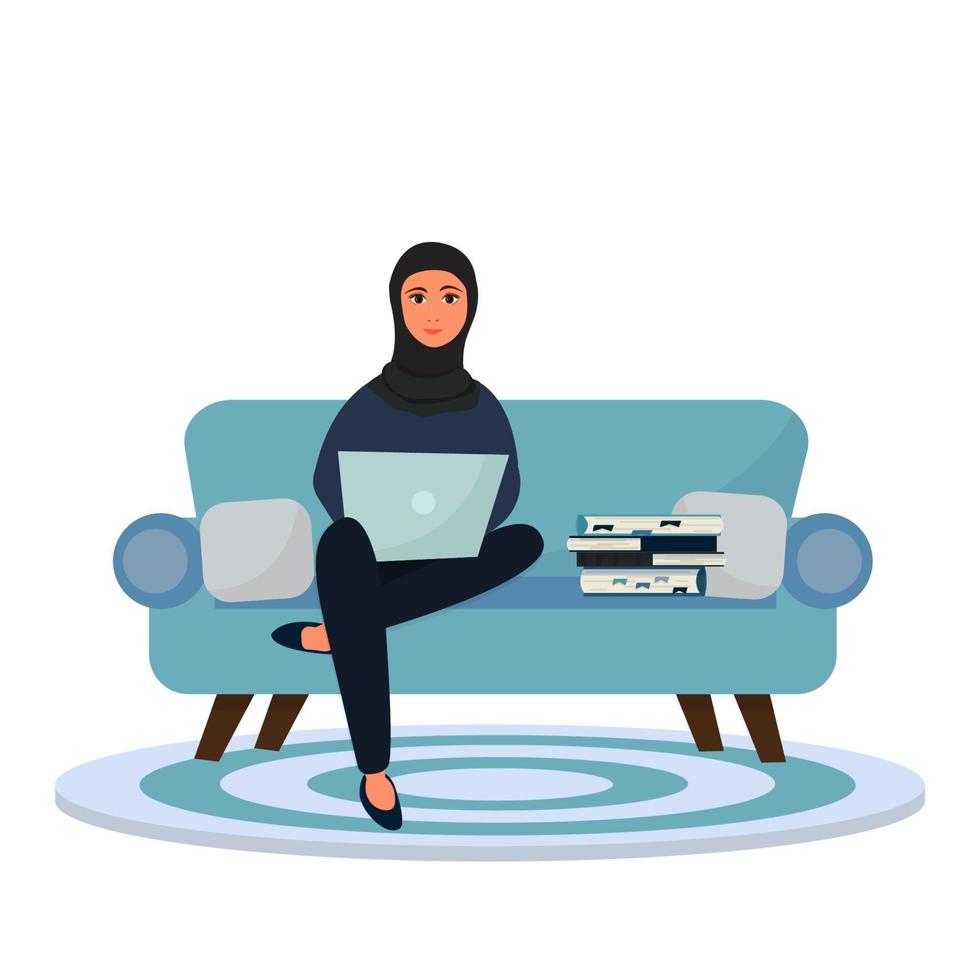 Muslim, Arabian woman sitting and working with laptop in hijab, traditional clothes. Online education, freelance concept, comfortable workplace isolated on white background. . Vector illustration