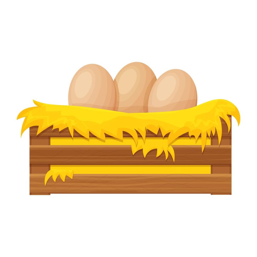 Wooden box, bale of hay, haystack with eggs in cartoon style isolated on white background. Han nest, farming clipart. Rural, textured and detailed breeding object. . Vector illustration