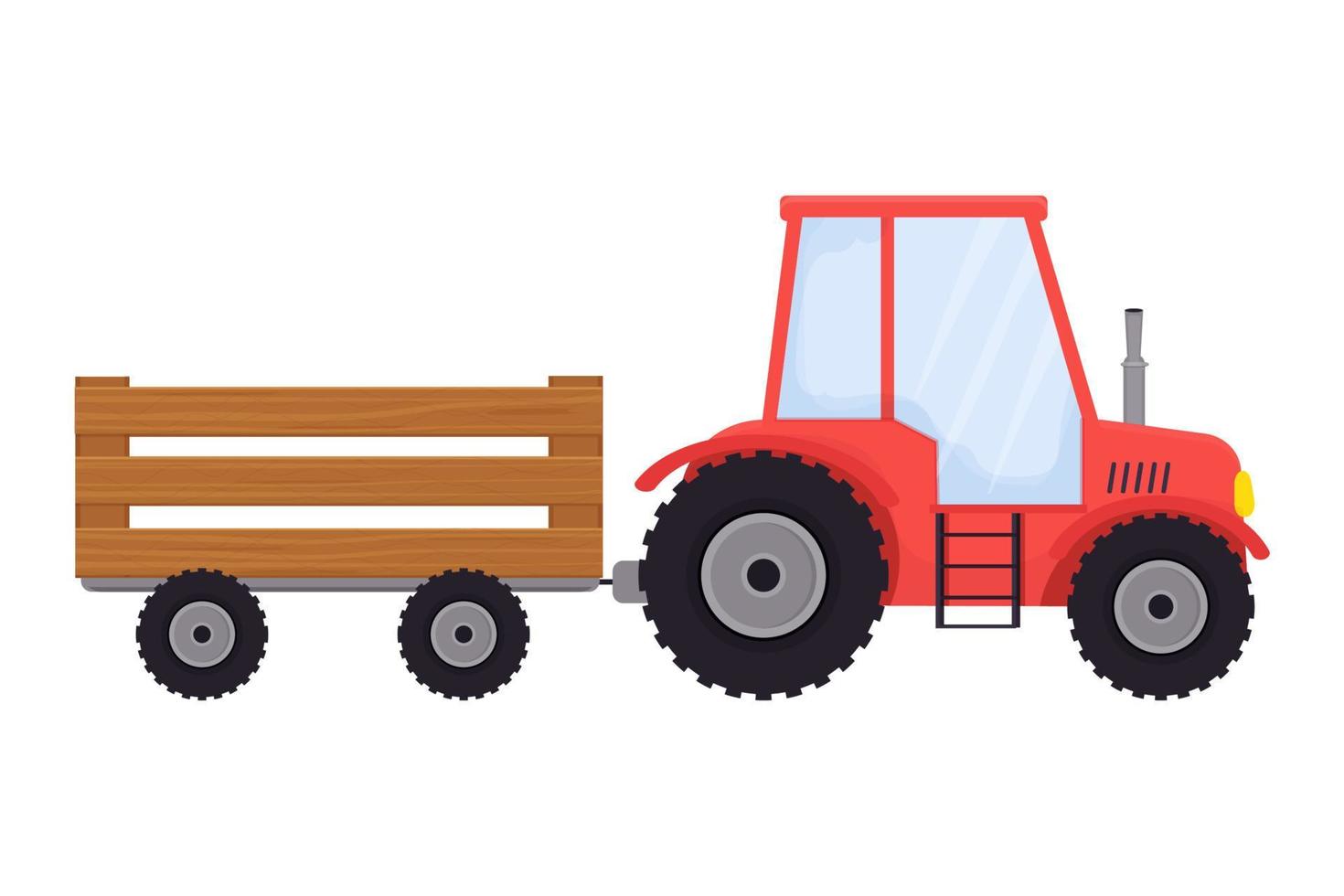 Red tractor with trailer, agriculture equipment in cartoon style isolated on white background. Country vehicle, harvest. . Vector illustration