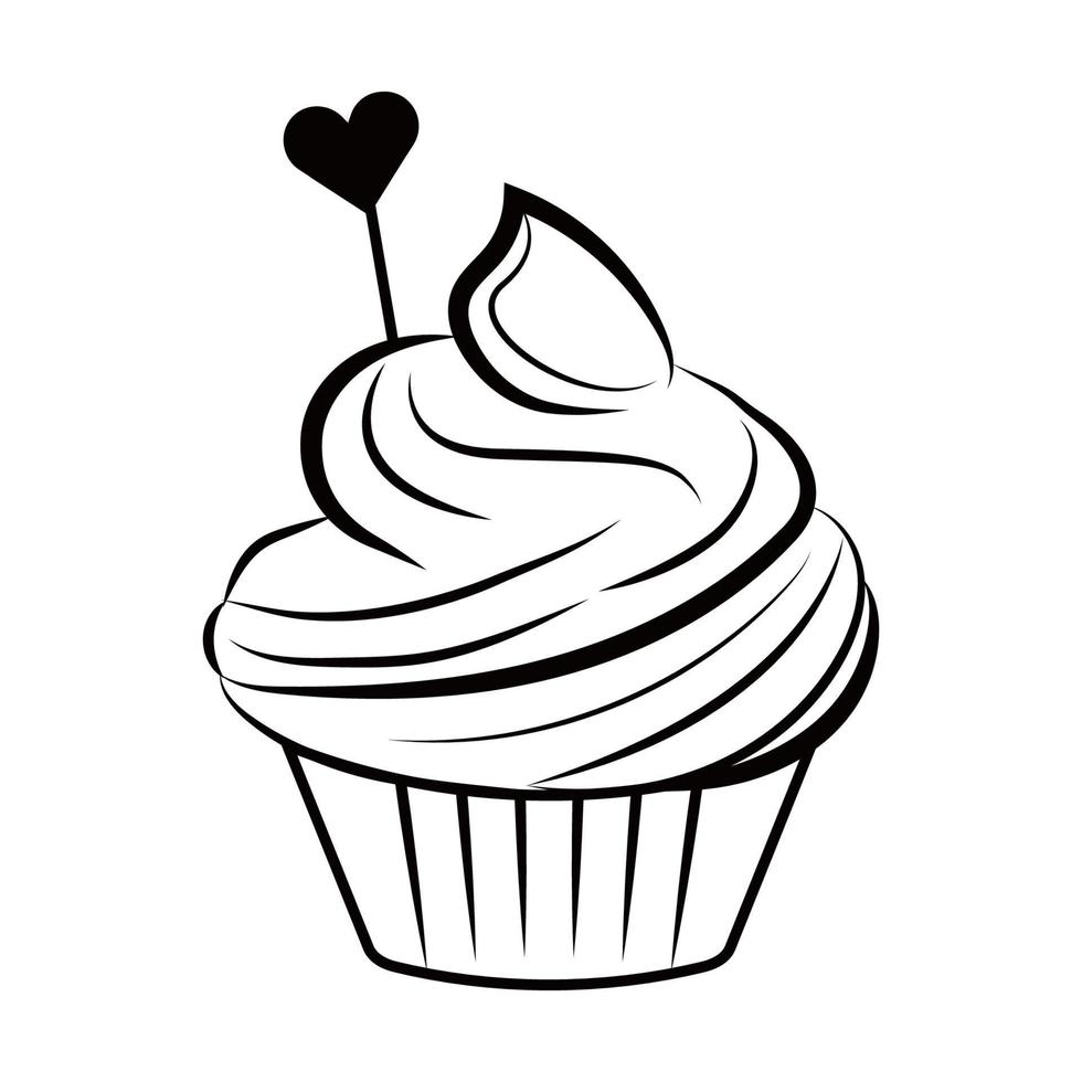 Cupcake silhouette, line art object, advertising clip art isolated on white background. Sweet dessert, valentine celebration. Creative design. Vector illustration