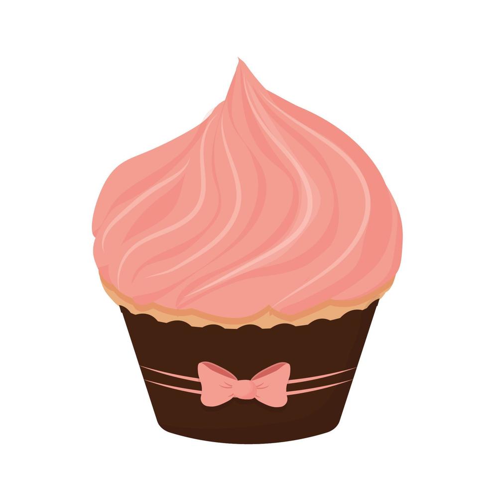 Cupcake with pink cream, tasty delicious dessert isolated on white background. Sweet food, celebration. Clipart, design element. Vector illustration