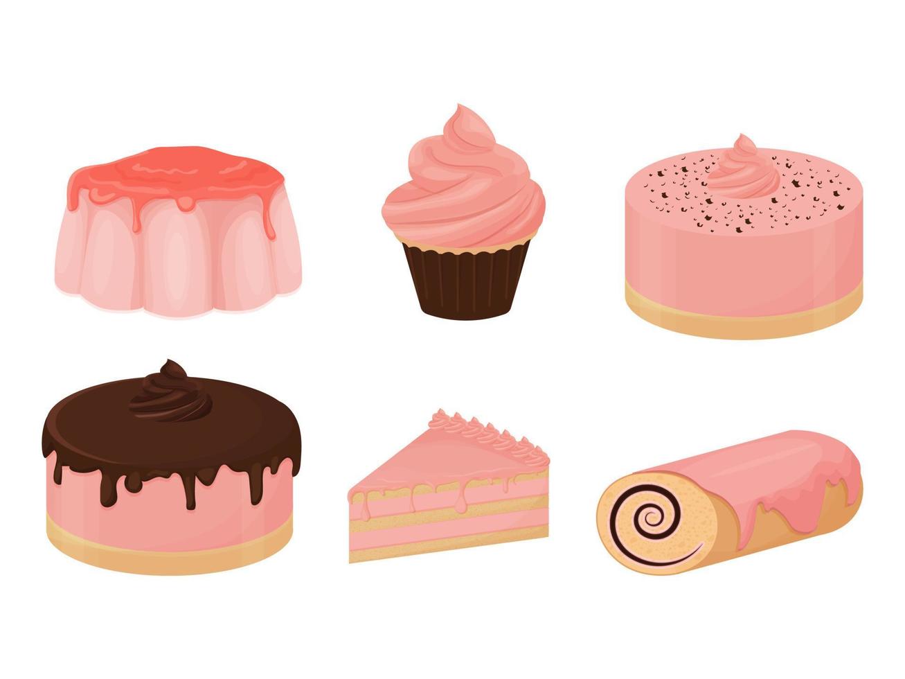 conjunto de postres coloridos detallados para ocasiones románticas día de san valentín, citas, bodas en colores rosas aislados en fondo blanco. alimentos, elementos de pastelería, colección. ilustración vectorial vector