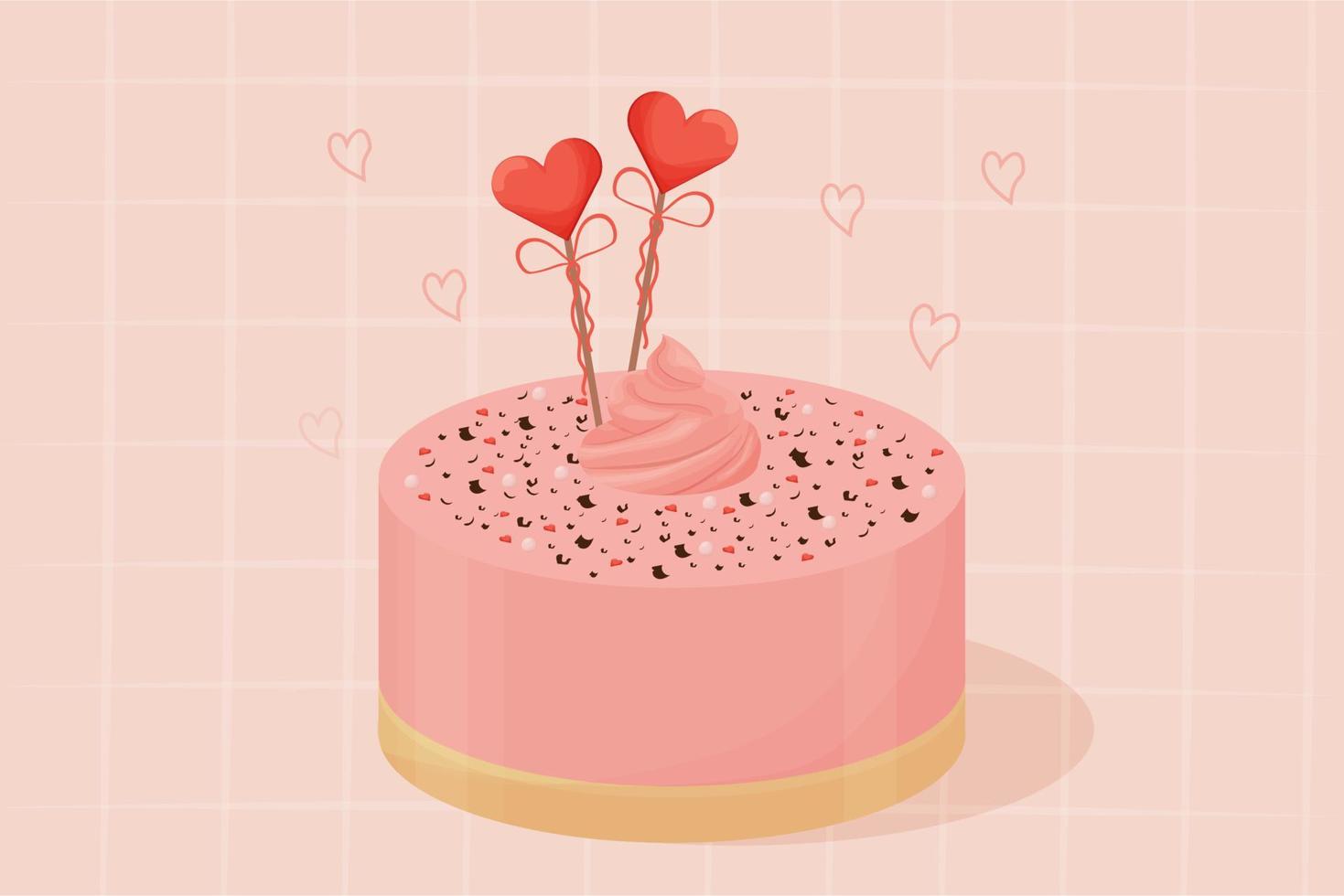 Detailed and bring pink romantic cake, for greeting Valentine day, glazed on abstract modern background. Poster, banner or greeting card. Vector illustration