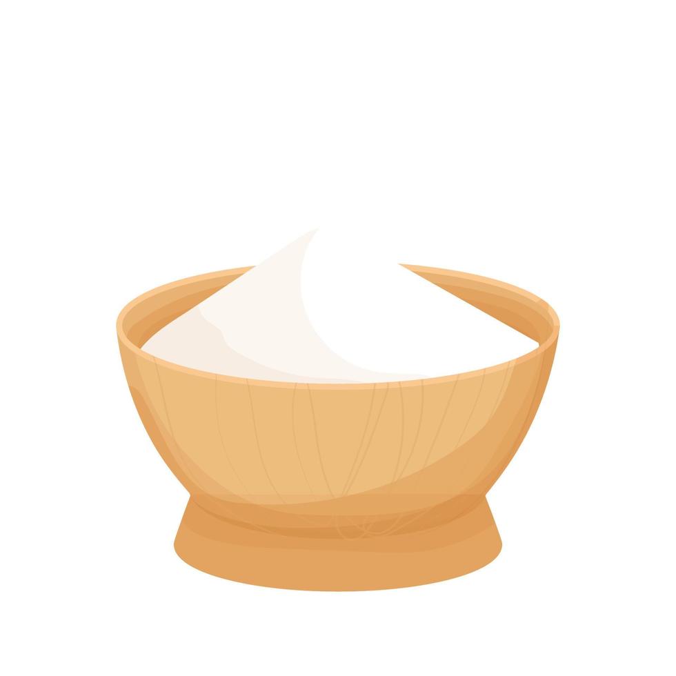 Wooden bowl with white ingredient, Starch bowl in cartoon style isolated on white background. Baking and cooking ingredient, design element. Vector illustration