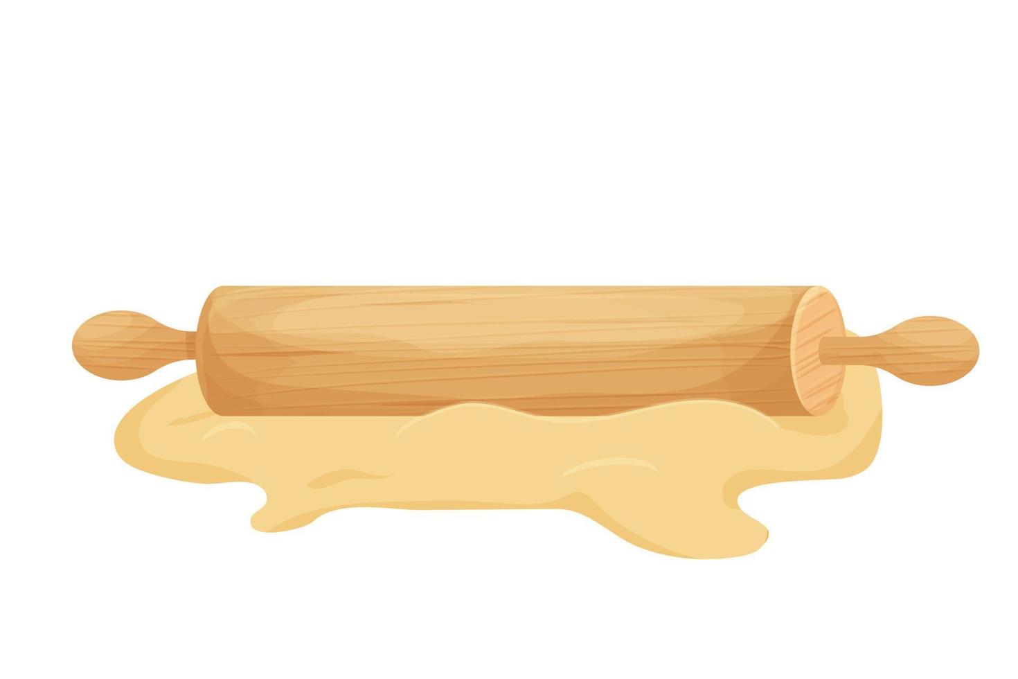Wooden Rolling pin and dough isolated on white background in cartoon style stock vector illustration. Detailed and textured object. Vector illustration