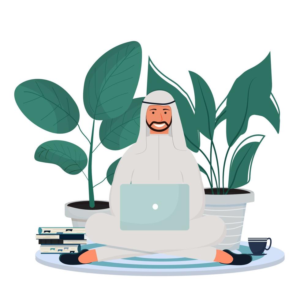 Arab man in traditional clothes sitting with laptop. Online education, freelance concept. Happy, smiling character, successful and productive in flat style. Vector illustration