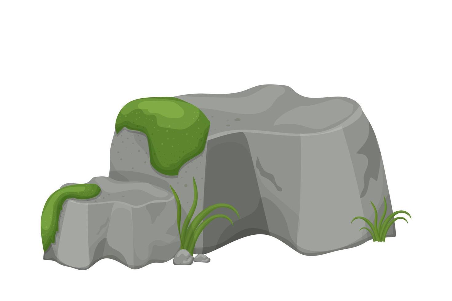 piedra, roca con musgo y hierba aislado sobre fondo blanco. gran elemento de roca, bloque de granito para juegos de interfaz de usuario, decoración, imágenes prediseñadas en estilo de dibujos animados. ilustración vectorial vector