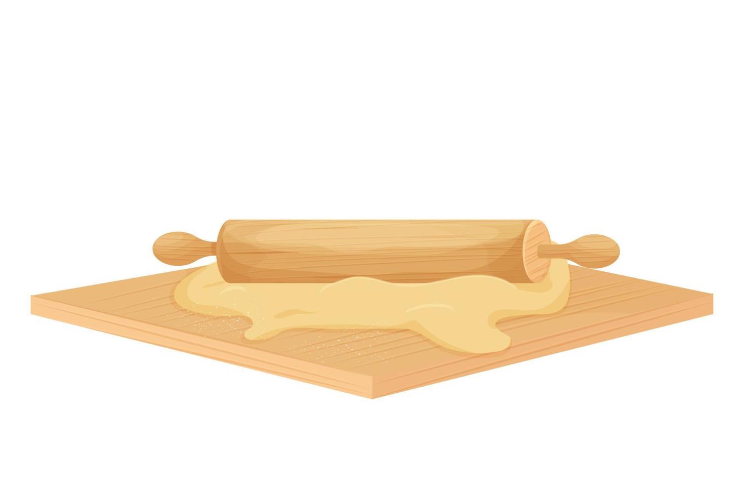 Wooden Rolling pin and dough isolated on white background in cartoon style stock vector illustration. Detailed and textured object. Vector illustration