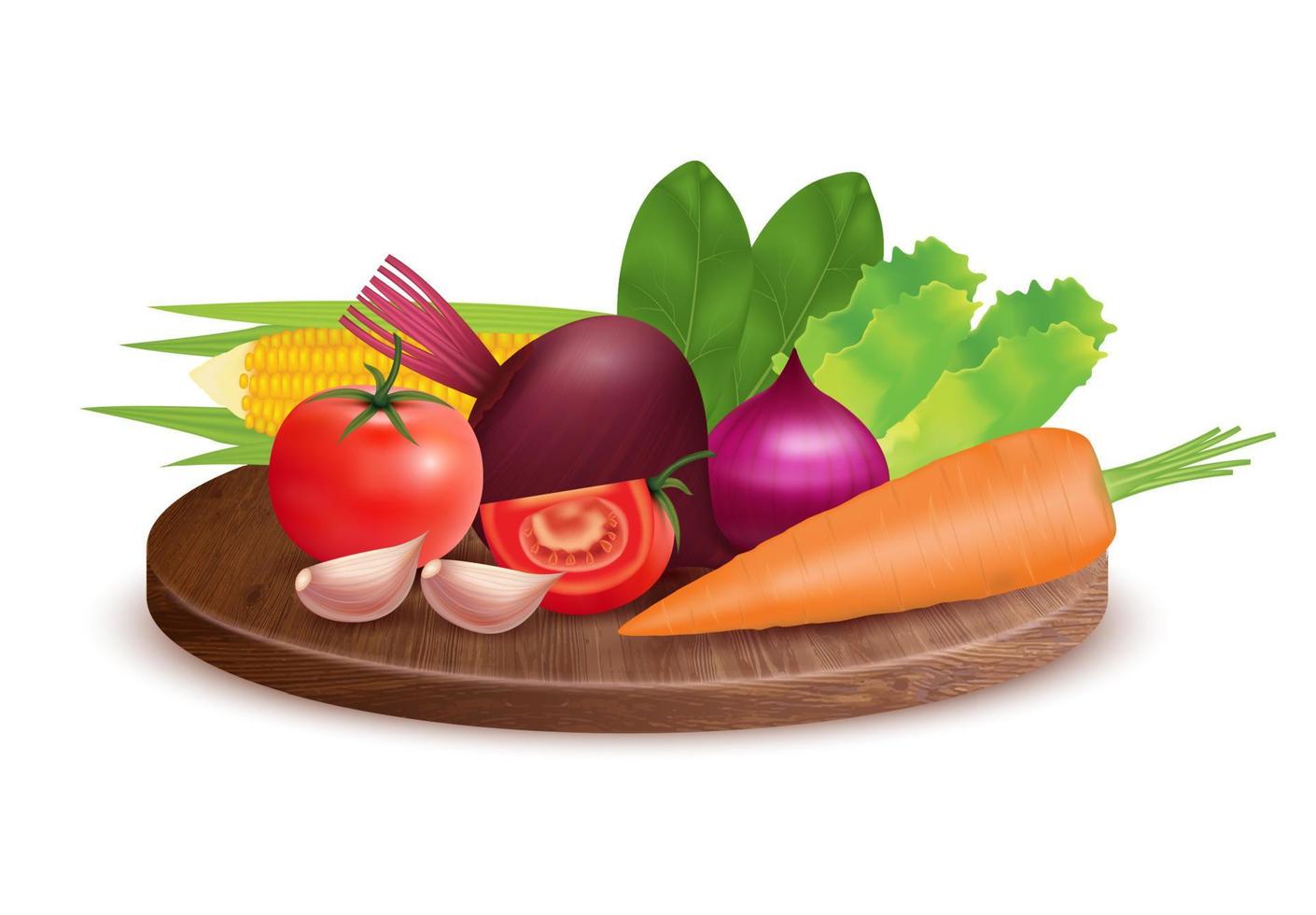 Fresh organic vegetables on wooden plate. Ingredients of herbs tomato, pepper, onion, garlic and lime. Cooking ingredients healthy nutrition natural food concept. Realistic 3d vector illustration.