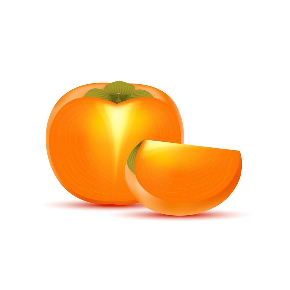 Persimmon with persimmon slices. Vitamins, Healthy food fruit. On a white background. Realistic 3D Vector illustration.