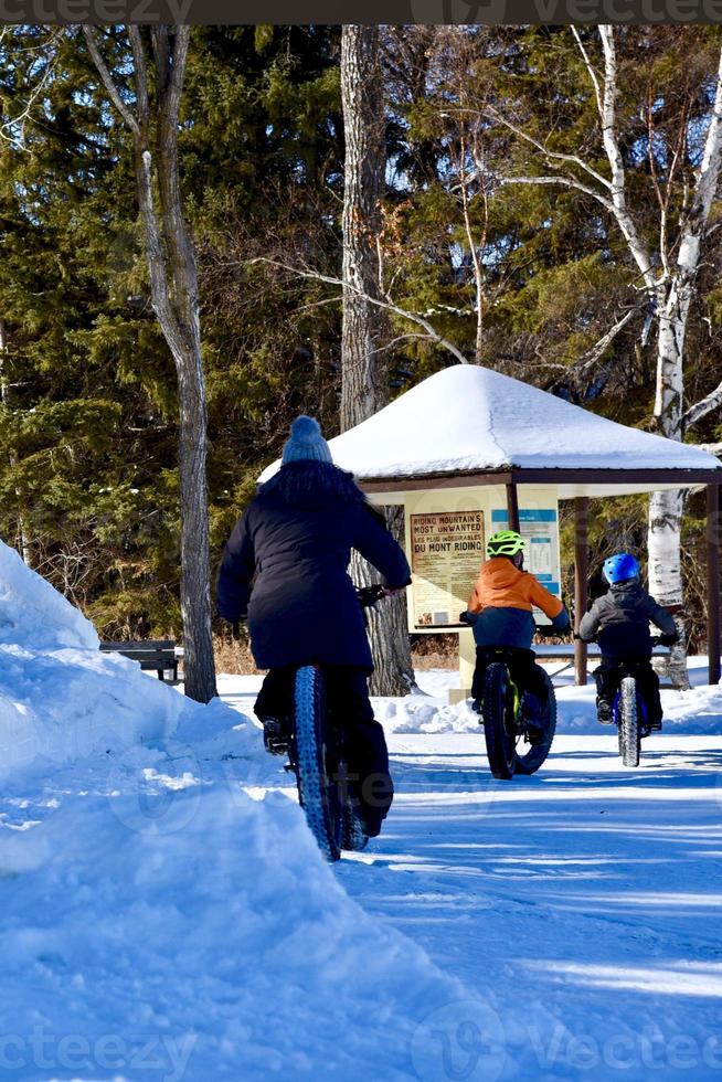 winter in Manitoba - three people are seen from behind as they ride bicycles on a snow covered pathway photo