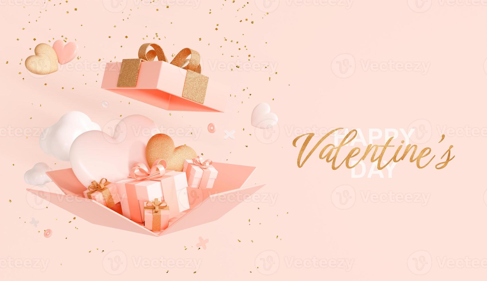 Happy Valentine's Day. Open gift box full of gifts and hearts. Realistic design with romantic decorative objects. Festive web banner, holiday postcard and greeting card. 3D rendering photo