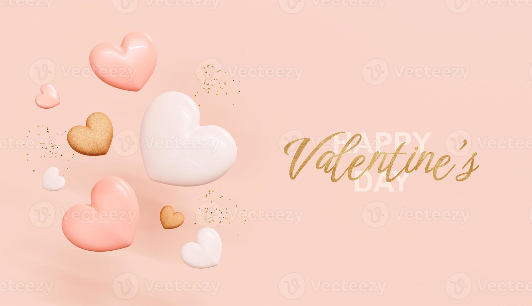 Happy Valentine's Day. Realistic 3d festive pink and gold hearts. Holiday greeting card, postcard and web banner. Romantic background. 3D Rendering photo