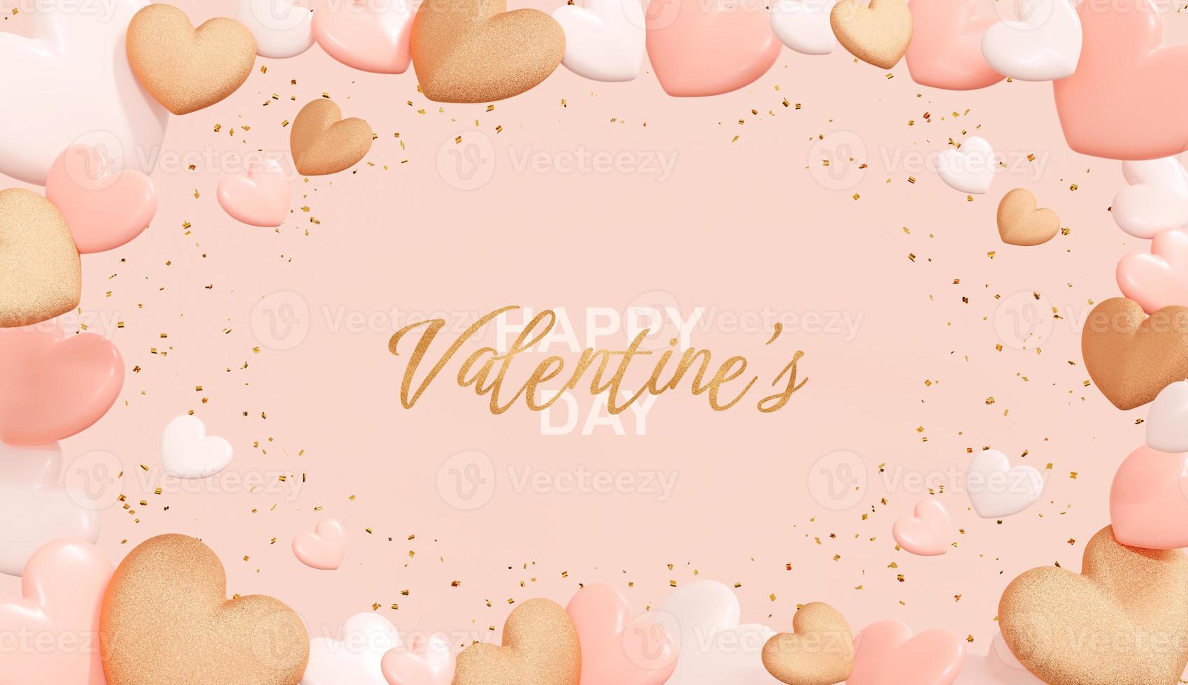 Happy Valentine's Day banner with realistic pink and gold Hearts on background. Romantic creative composition. Festive card, Holiday postcard and poster. 3D Rendering photo