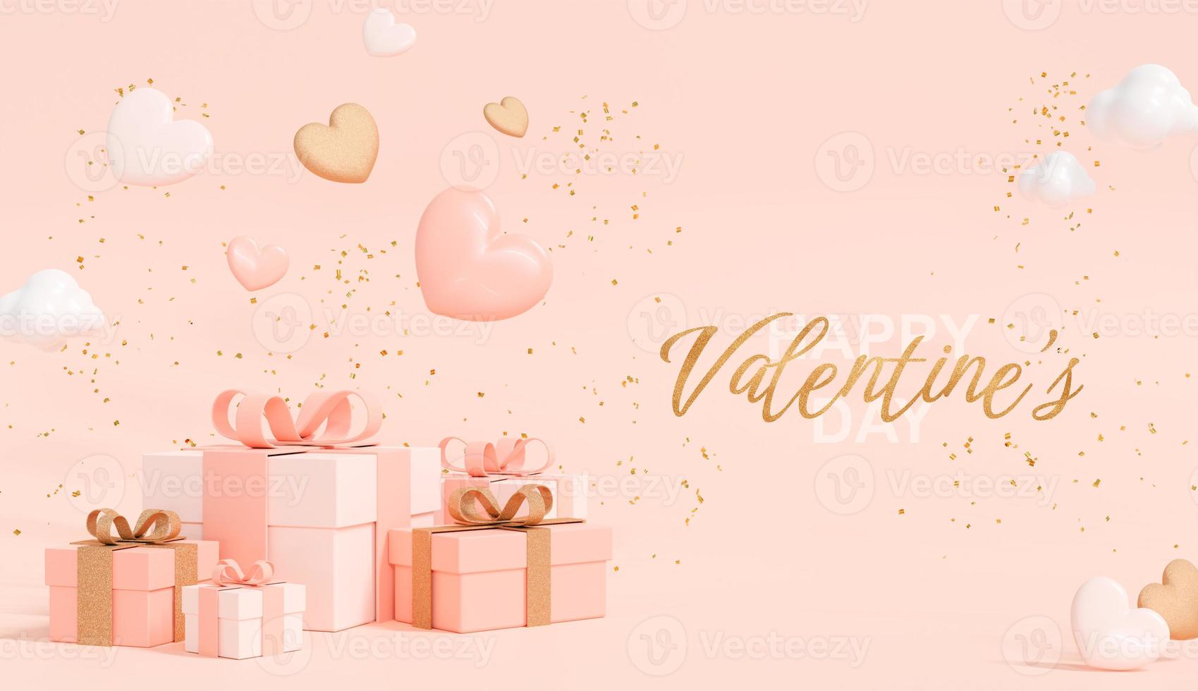 Happy Valentine's Day design. Realistic gift boxes and falling hearts. Holiday card with text for web banner. Romantic and festive background with confetti. Postcard for invitation. 3D Rendering photo