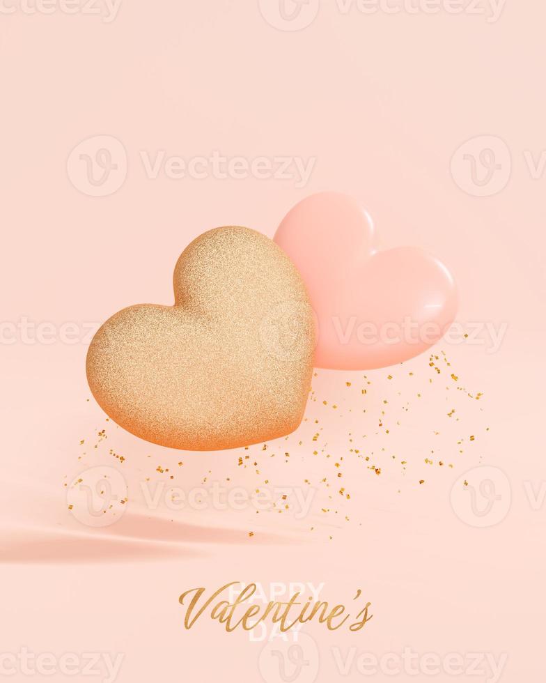 Happy Valentine's Day. Realistic falling pink and gold Hearts. Festive banner, holiday postcard and greeting card. Party invitation card. 3D rendering photo