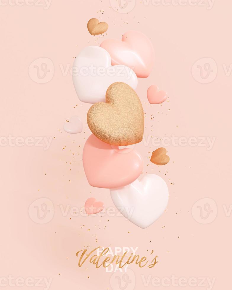 Happy Valentine's Day. Falling realistic gold and pink Hearts. Holiday greeting card, postcard and banner. Romantic festive background. 3D Rendering photo