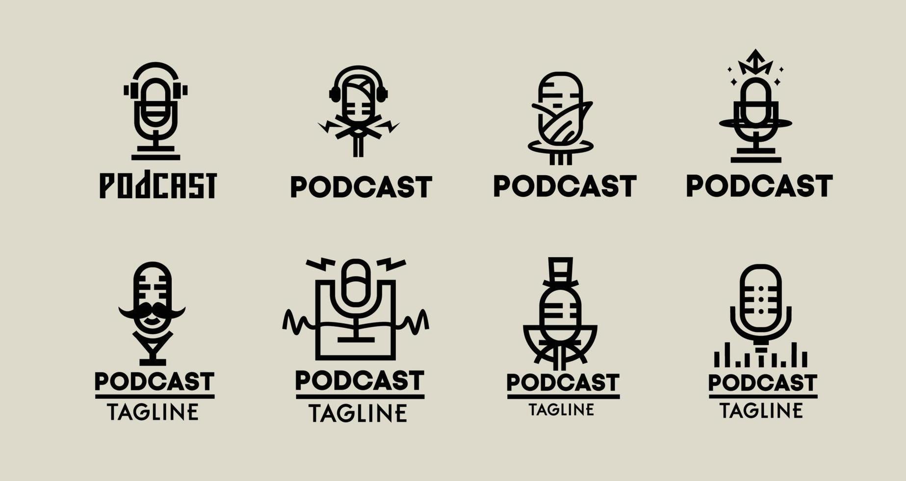 a collection of monoline podcast logo sets with a vintage and minimalist concept vector