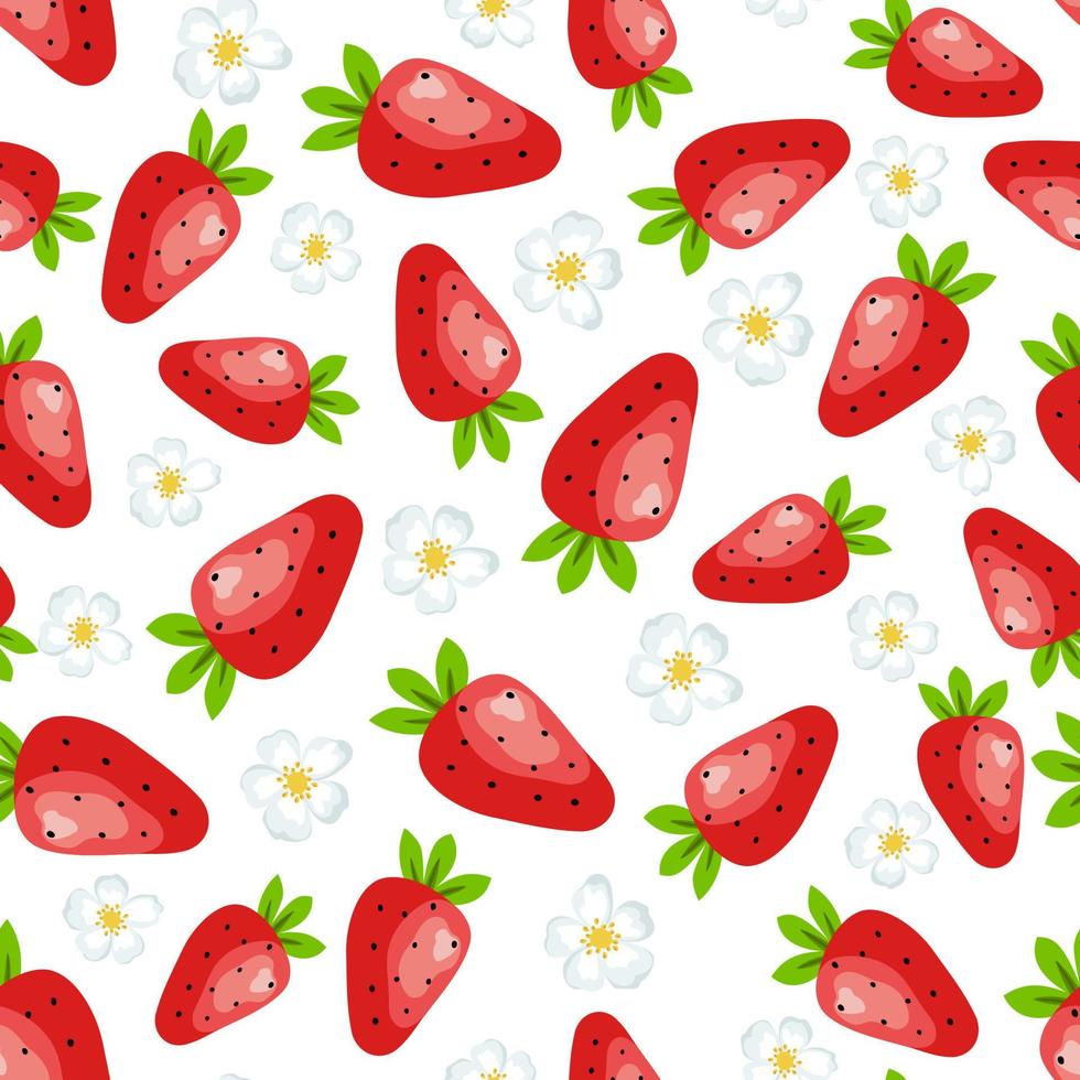 Vector cartoon seamless pattern with wild strawberry, flowers and leafs on white background for web, print, cloth texture or wallpaper