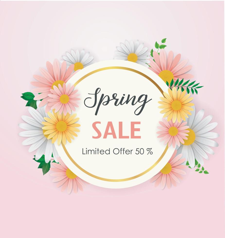 Spring sale background with beautiful flower and round frame vector