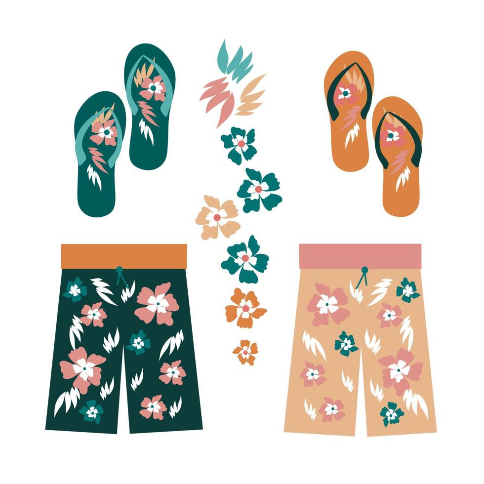 Hawaiian Aloha Shorts Man Set. Vector flat illustration.