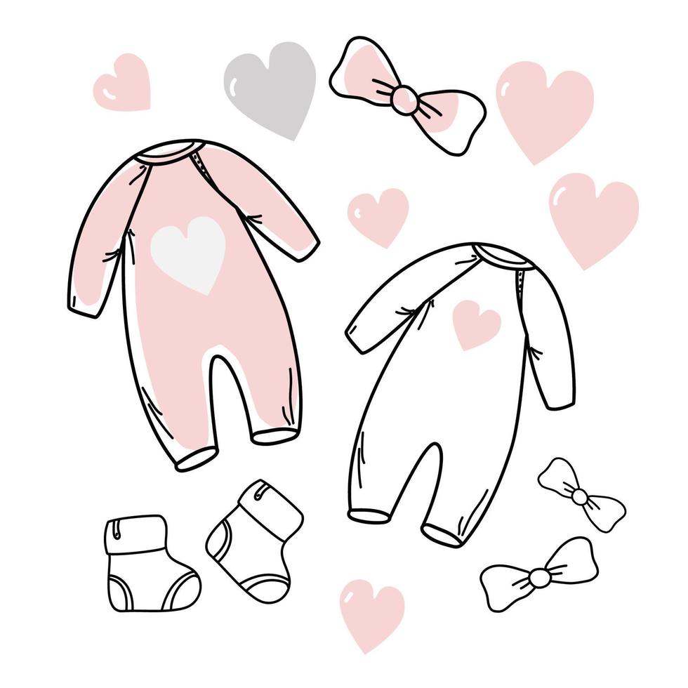 Set of hand drawn baby girl. Cartoon sketch style doodle for icon, banner. Elements little girls clothes. vector