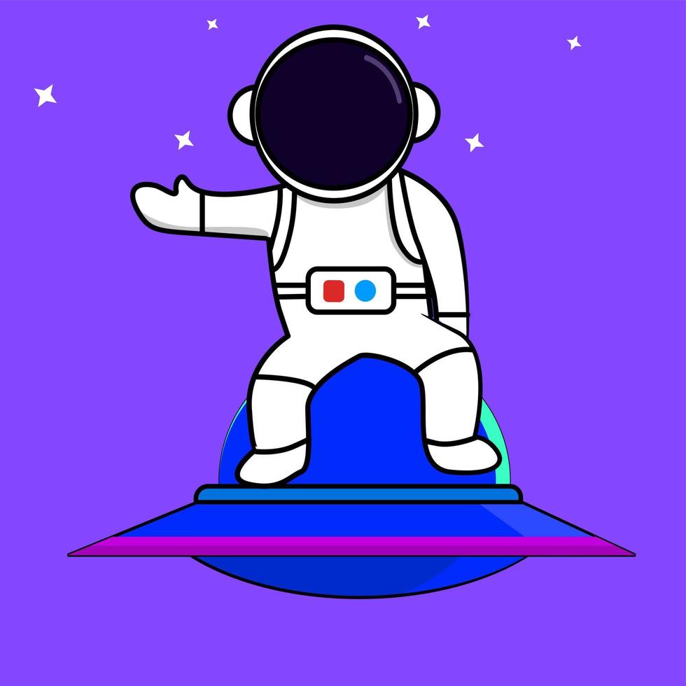 lindo astronauta en el ovni, ilustración vectorial, concepto de icono de tecnología científica aislado vector premium. estilo de dibujos animados plana.