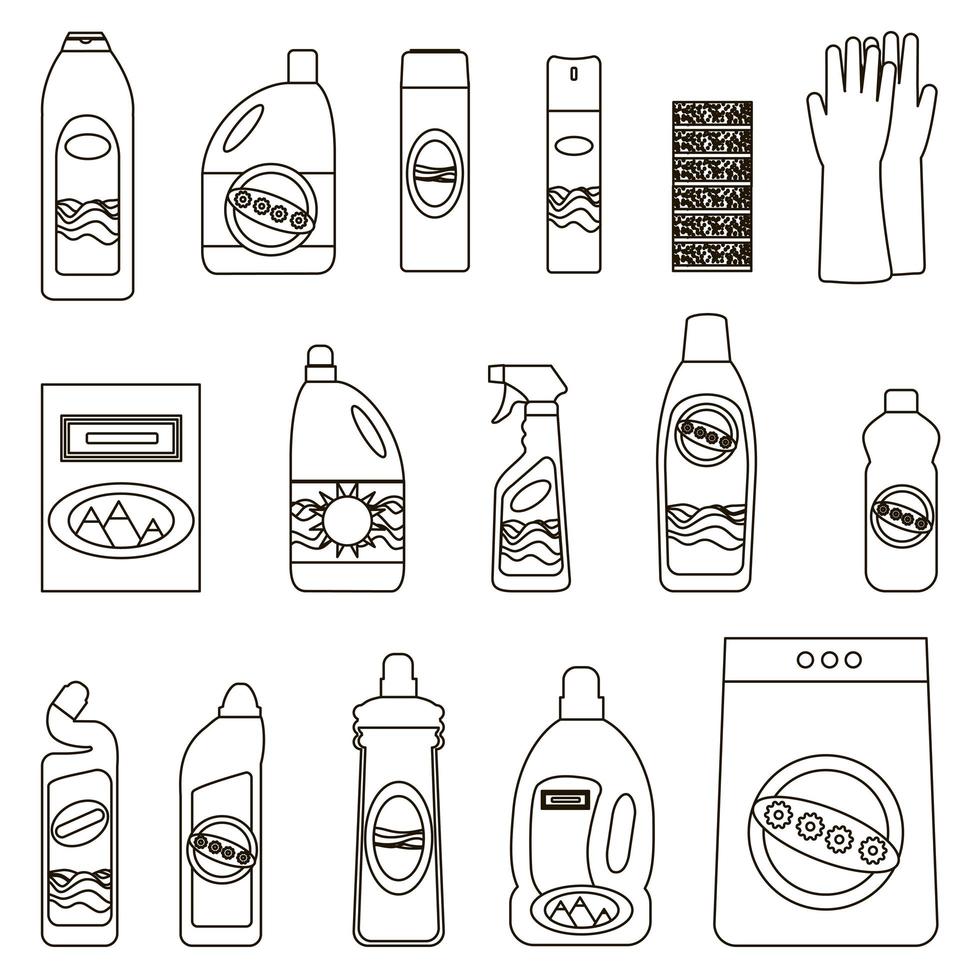 botellas de grupo de productos químicos para el hogar sobre fondo blanco. vector