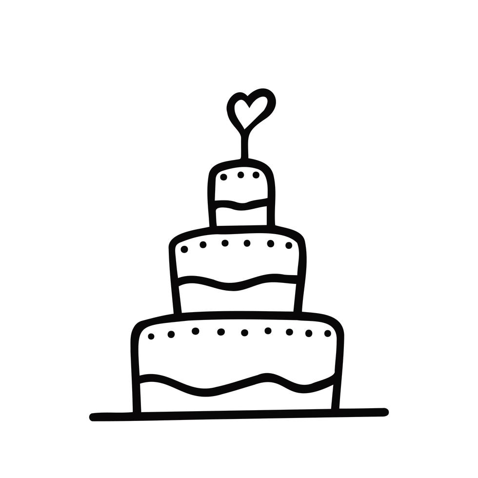Wedding cake dessert with heart topper. Illustration for printing, backgrounds, covers, packaging, greeting cards, posters, stickers, textile and seasonal design. Isolated on white background. vector