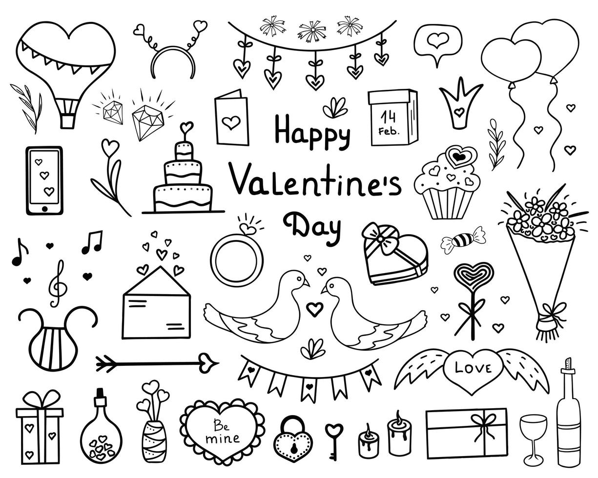 Valentine's day set. Love icons. Illustration for printing, backgrounds, covers, packaging, greeting cards, posters, stickers, textile, seasonal design. Isolated on white background. vector