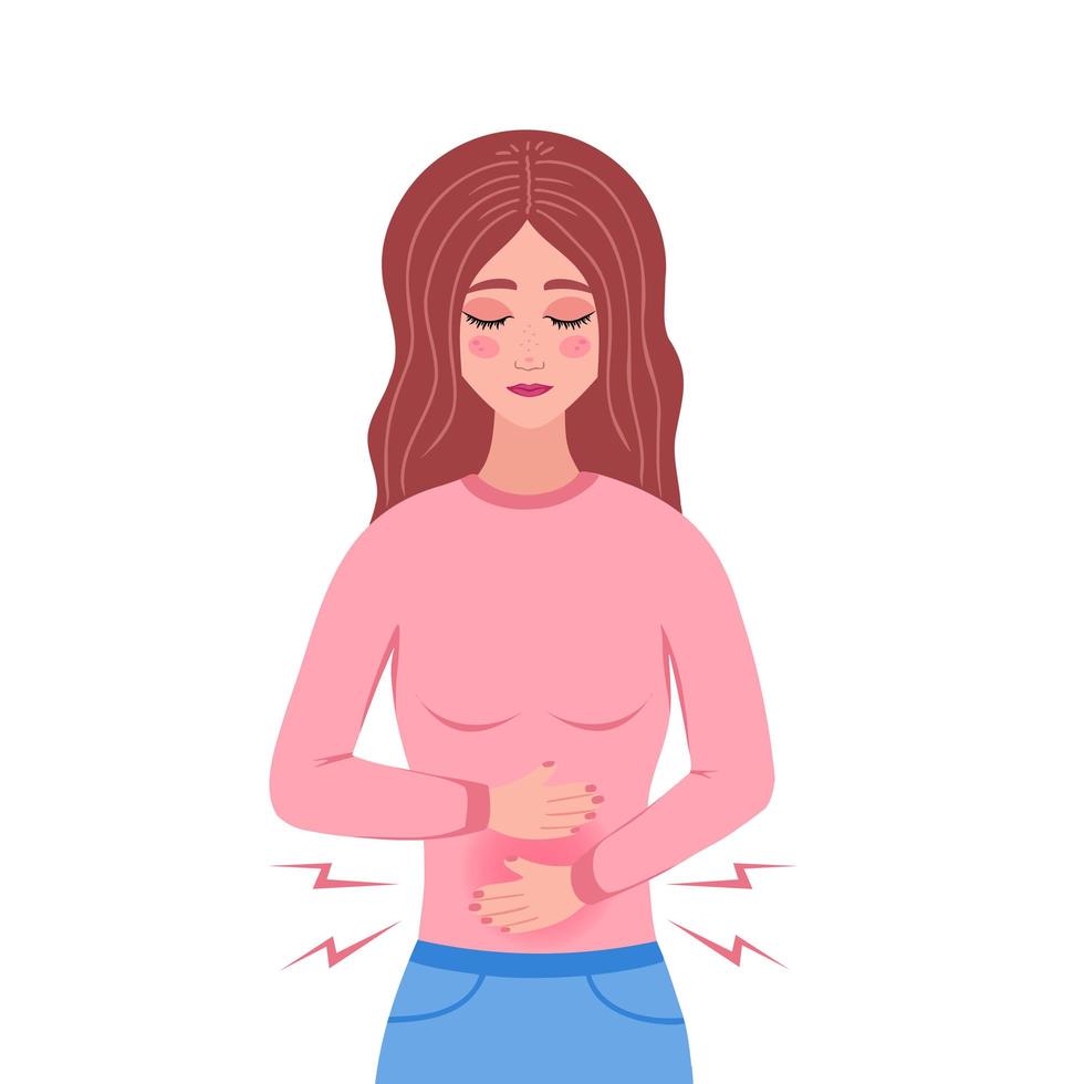 Girl with stomach pain. Woman feel pain in the stomach. Abdominal pain during menstruation. Diarrhea or constipation. Abdomen disease and illness. Illustration isolated on white background. vector