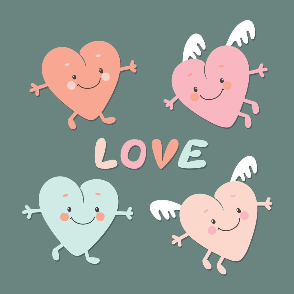 Set of illustrations of a heart with angel wings. Valentine's Day vector