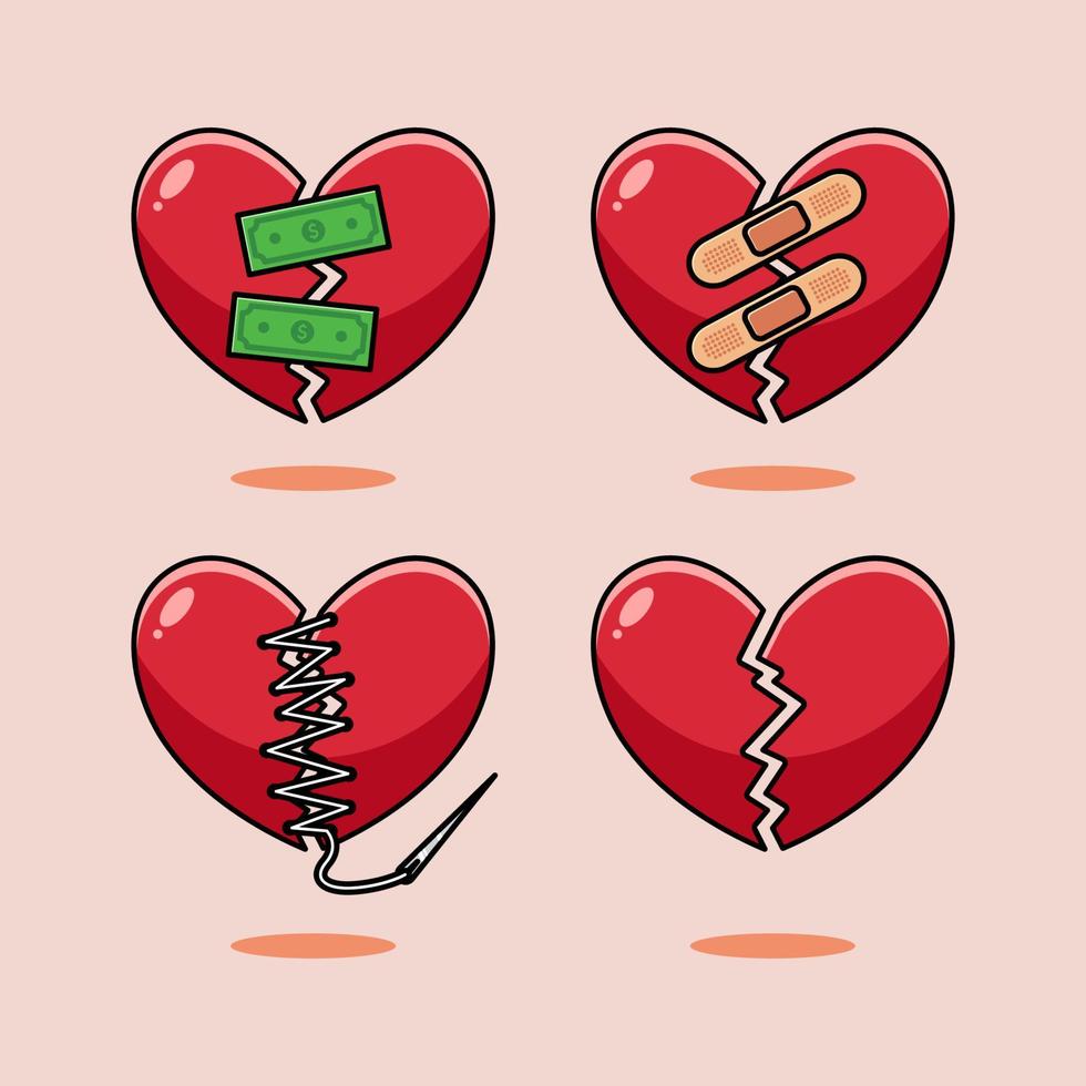 Broken heart and crack repaired with bandage, money, stitch illustration vector