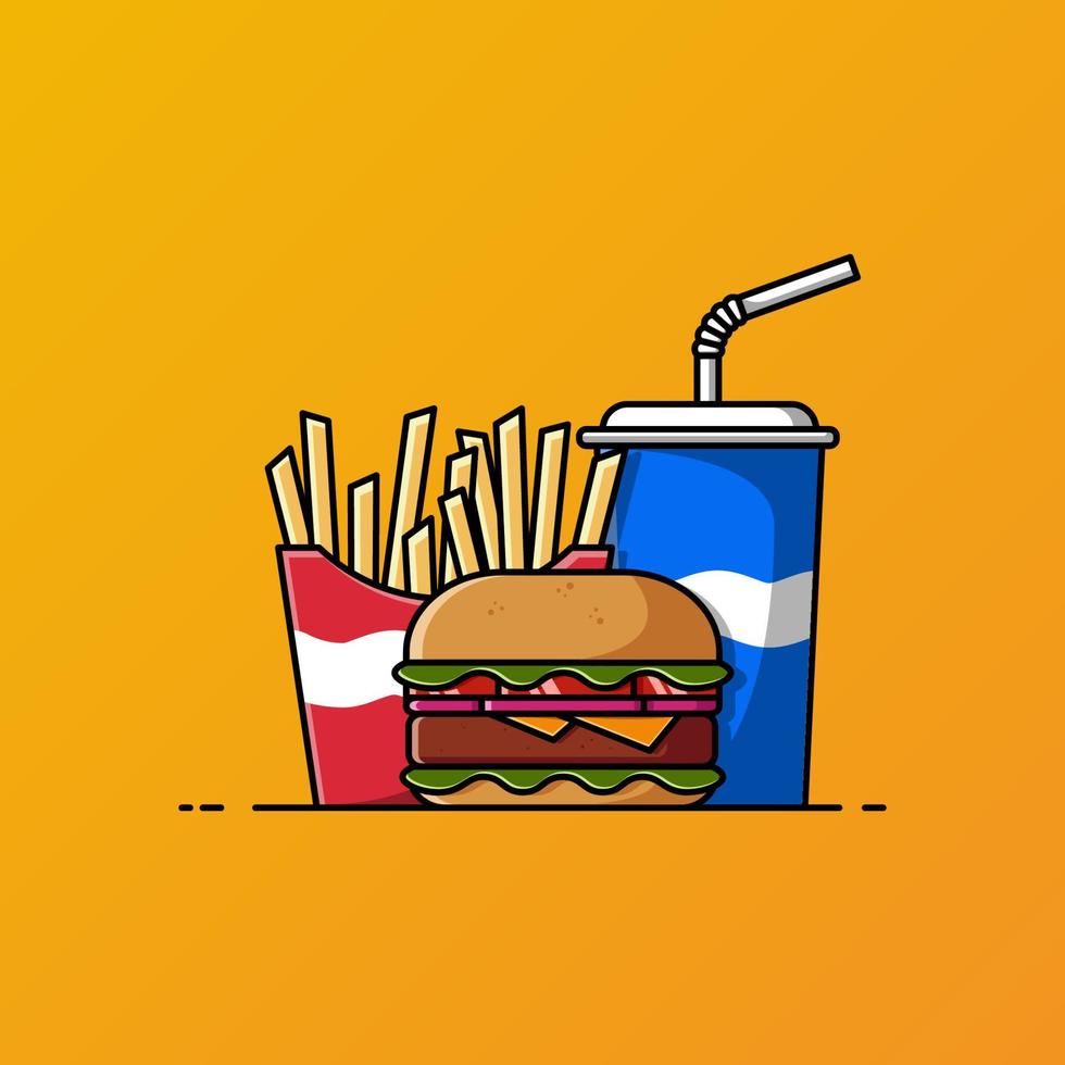 Burger with french fries and soda, fast food illustration vector