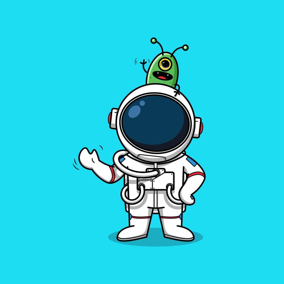 lindo astronauta y alienígena saludando la mano, ilustración vector