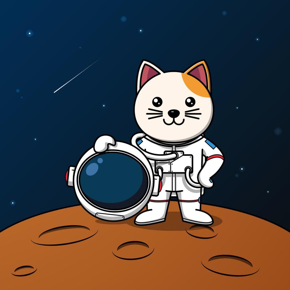 Cute cat astronaut standing on the moon illustration vector