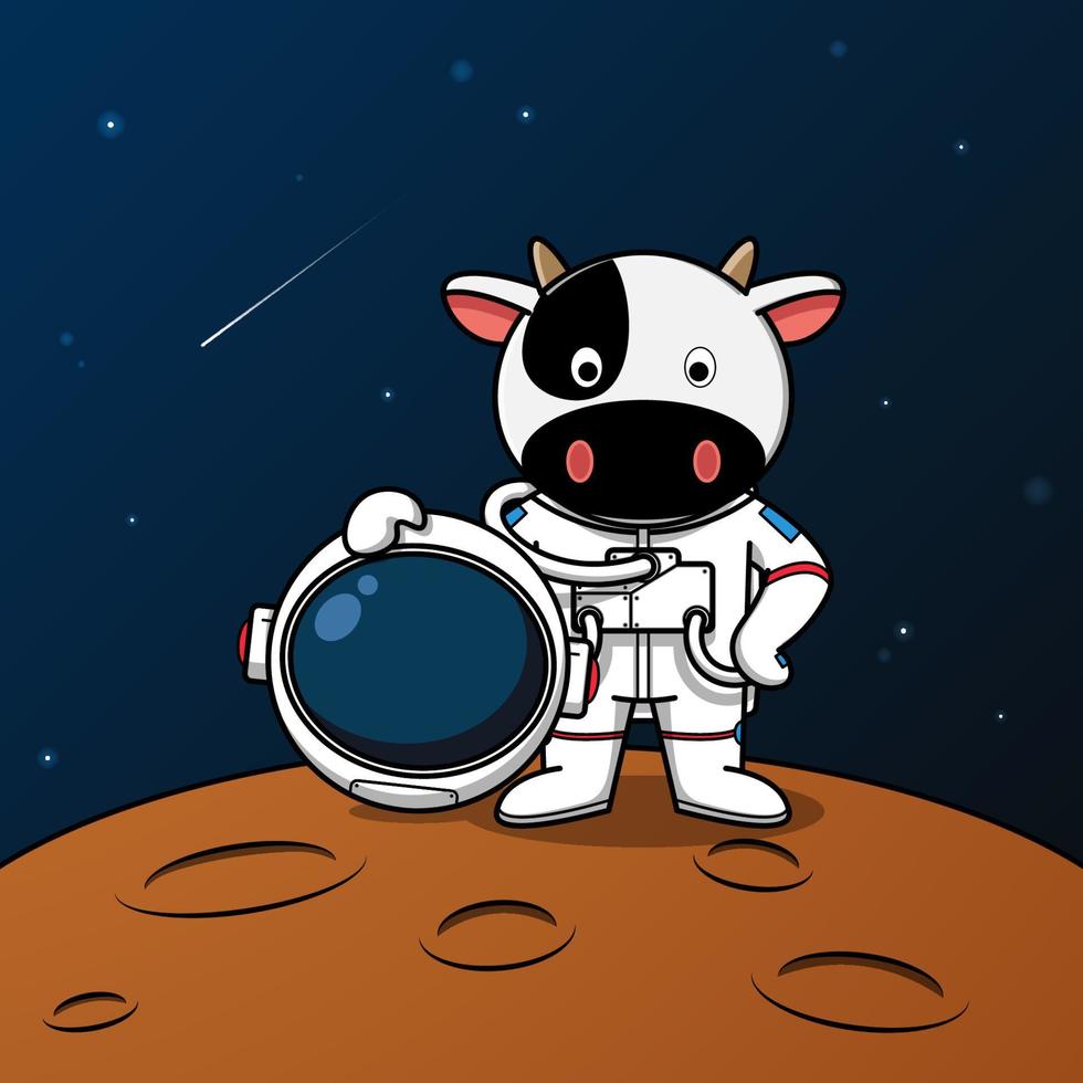 Cute cow astronaut standing on the moon illustration vector