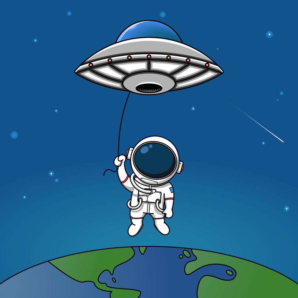 Cute astronauts fly into the sky on a UFO illustration vector