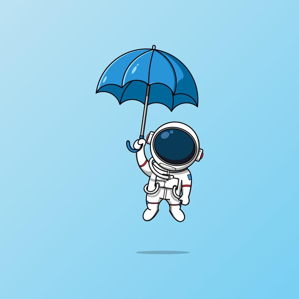 Cute astronaut flying into the sky with an umbrella illustration vector