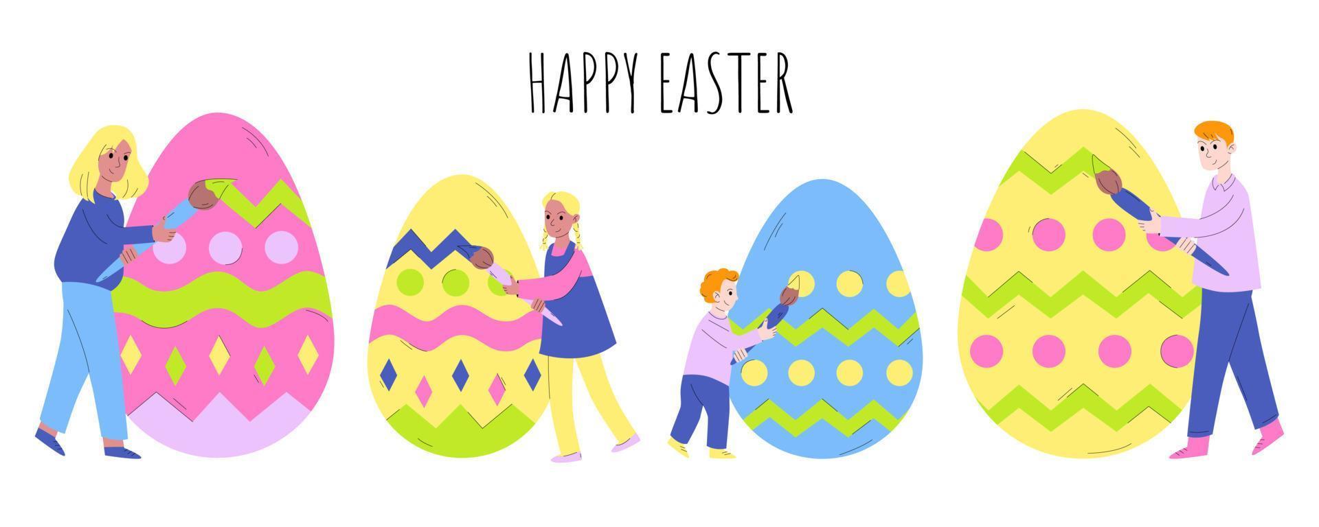 Tiny people paint Easter eggs. Happy Easter. The concept of preparing for Easter, celebrating Easter with the whole family. Vector illustration in cartoon style.
