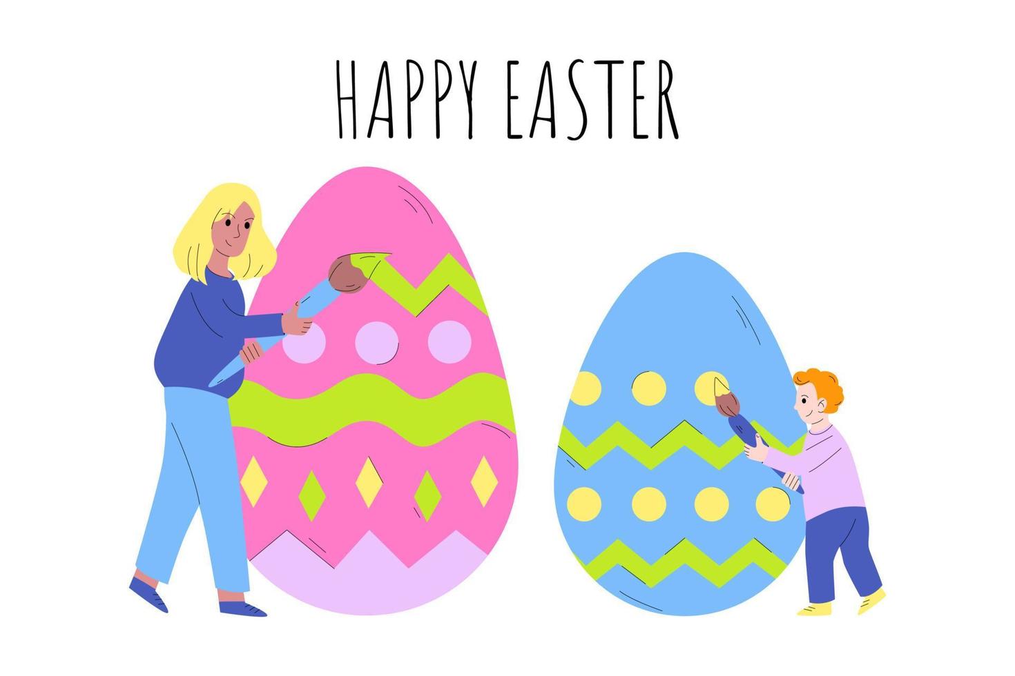 Tiny mother and son paint Easter eggs. Happy Easter. The concept of preparing for Easter, celebrating Easter with the whole family. Vector illustration in cartoon style.
